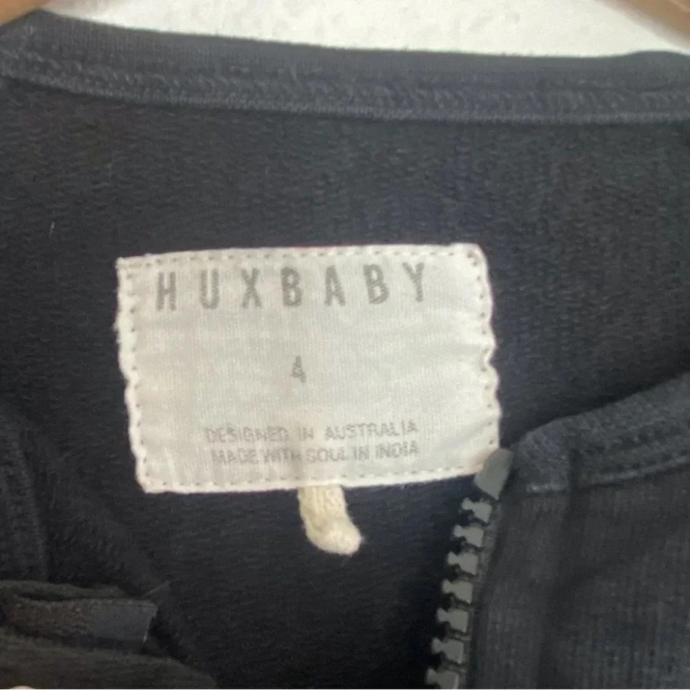 Huxbaby‎ sweat jacket black zip front bear appliqué collarless size 4 years